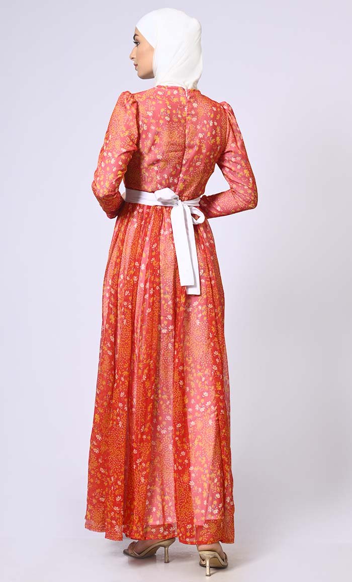 Women's Printed Abaya with Belt and Hijab
