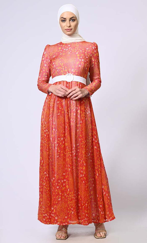 Women's Printed Abaya with Belt and Hijab