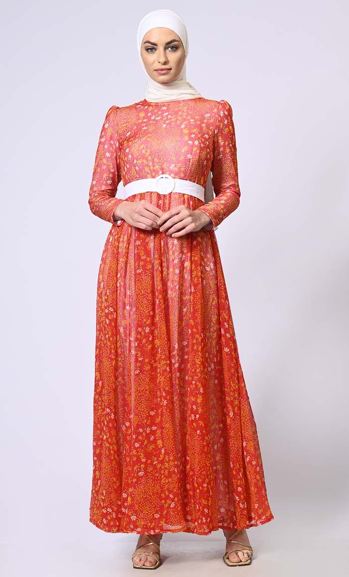 Women's Printed Abaya with Belt and Hijab