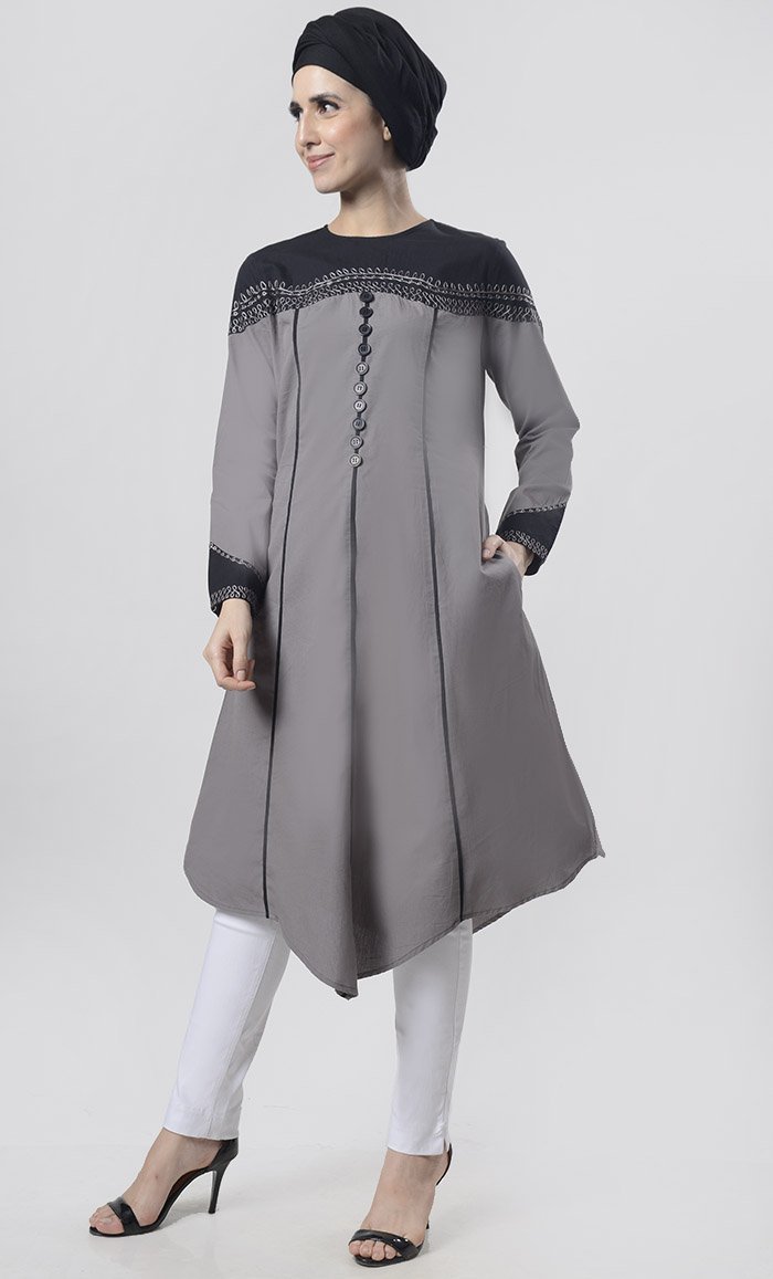 Superb black Piping Detailing With Aari Work Tunic - EastEssence.com