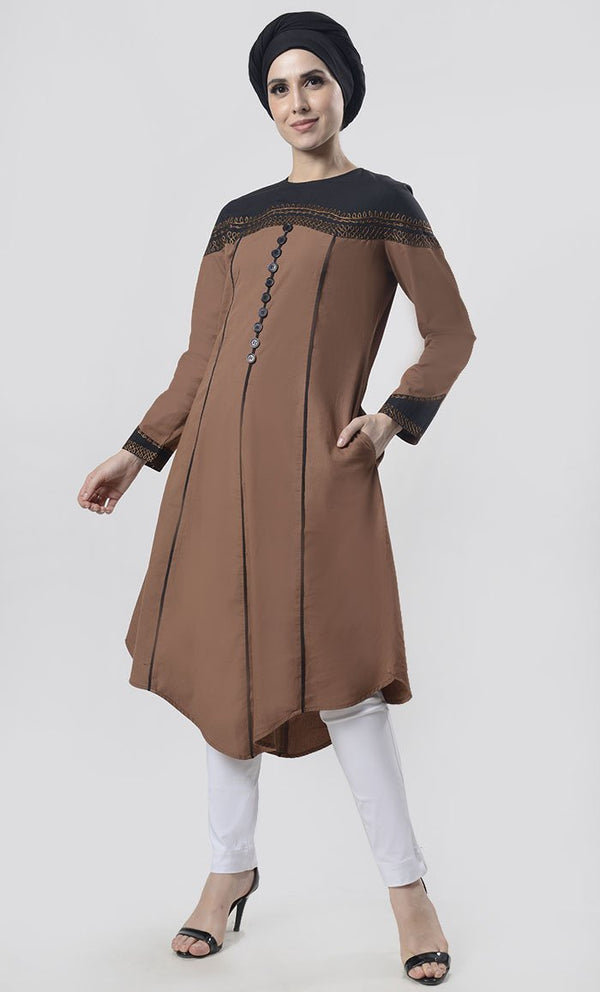 Superb Black Piping Detailing With Aari Work Tunic - EastEssence.com