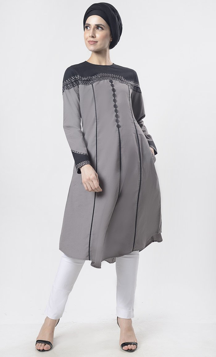 Superb black Piping Detailing With Aari Work Tunic - EastEssence.com