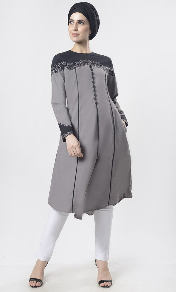 Superb black Piping Detailing With Aari Work Tunic - EastEssence.com