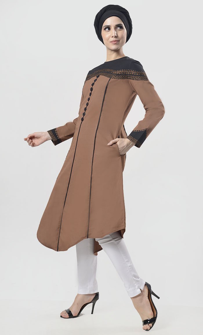 Superb Black Piping Detailing With Aari Work Tunic - EastEssence.com