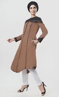 Superb Black Piping Detailing With Aari Work Tunic - EastEssence.com