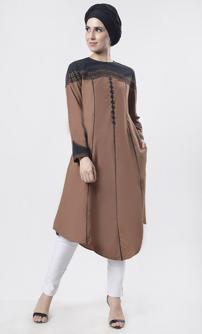 Superb Black Piping Detailing With Aari Work Tunic - EastEssence.com