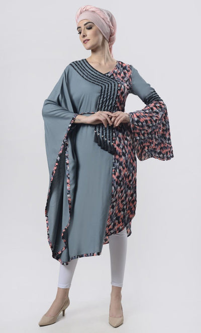 Superior Grey Semi-Kaftan Bell Sleeves Printed Tunic With Belt - EastEssence.com
