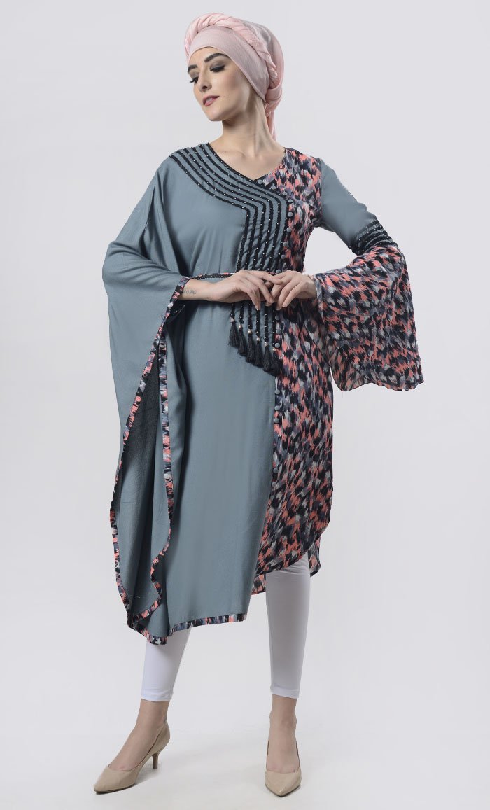 Superior Grey Semi-Kaftan Bell Sleeves Printed Tunic With Belt - EastEssence.com