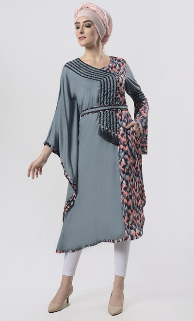 Superior Grey Semi-Kaftan Bell Sleeves Printed Tunic With Belt - EastEssence.com