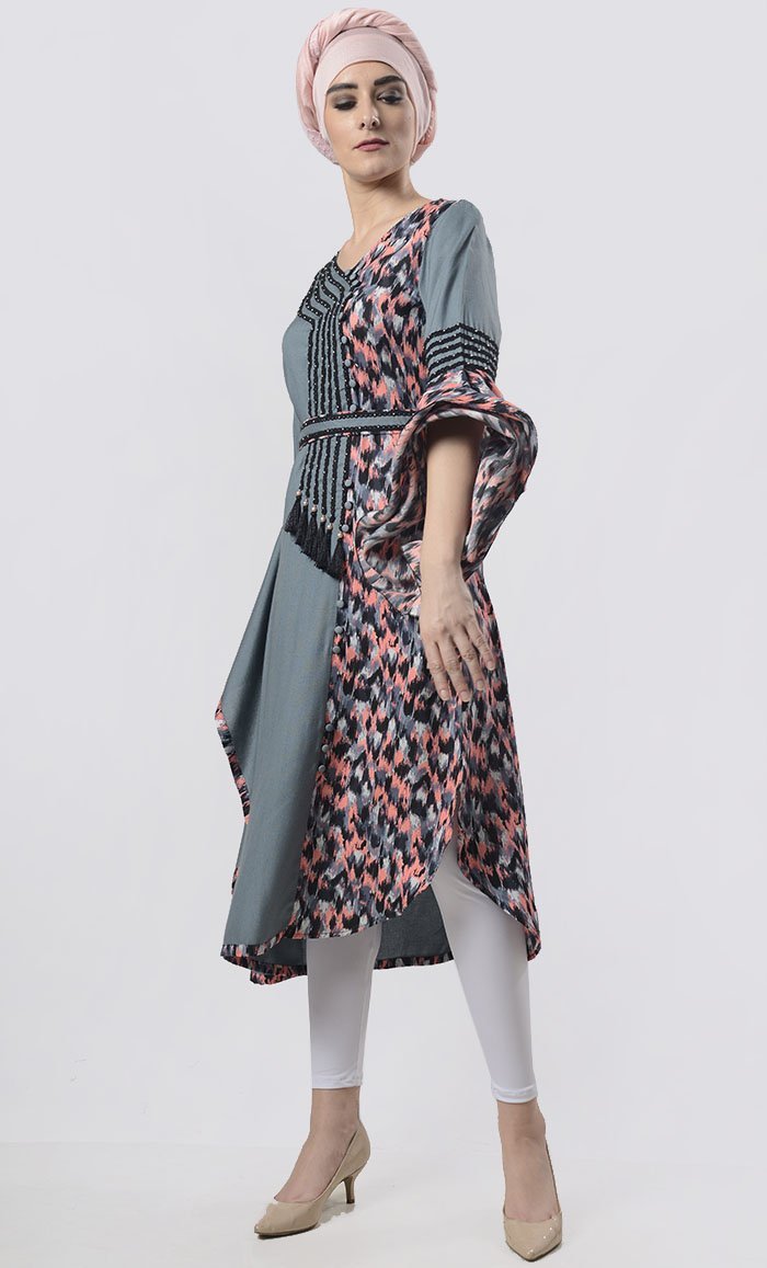 Superior Grey Semi-Kaftan Bell Sleeves Printed Tunic With Belt - EastEssence.com