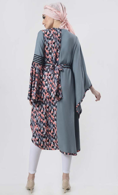 Superior Grey Semi-Kaftan Bell Sleeves Printed Tunic With Belt - EastEssence.com