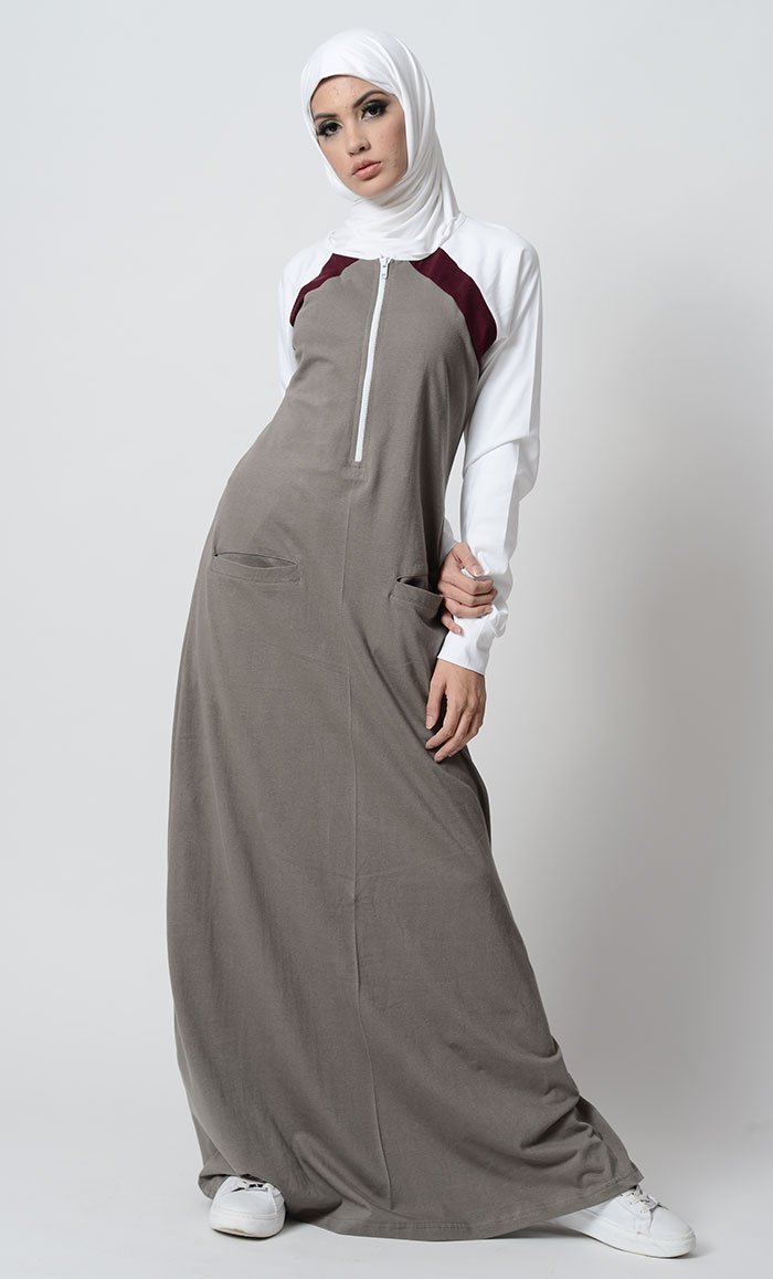 Three tone and zipper detail sportswear abaya dress