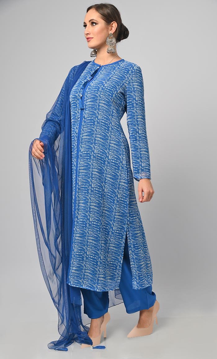 Tie & Dye Effect Printed Salwar Kameez Set With Net Dupatta - EastEssence.com