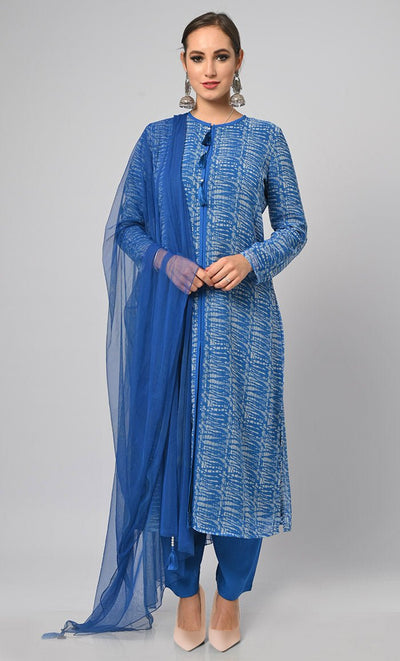 Tie & Dye Effect Printed Salwar Kameez Set With Net Dupatta - EastEssence.com