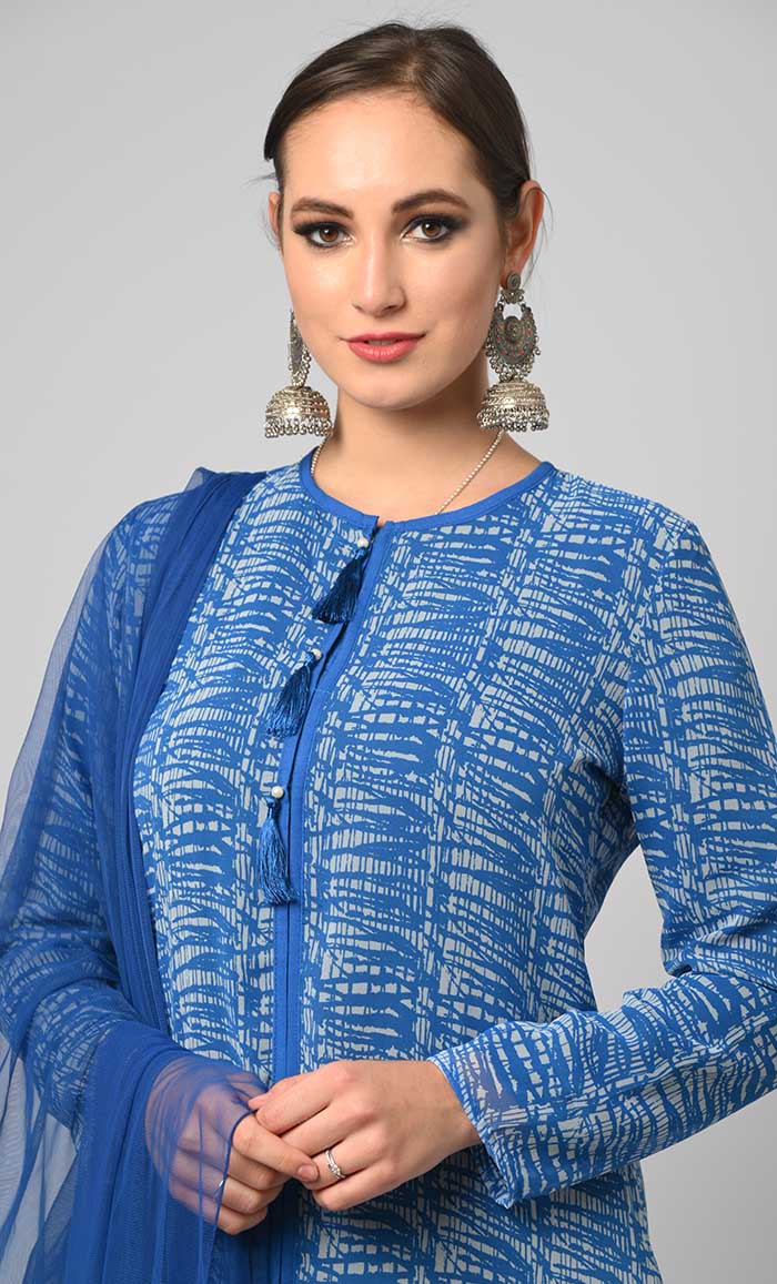 Tie & Dye Effect Printed Salwar Kameez Set With Net Dupatta - EastEssence.com
