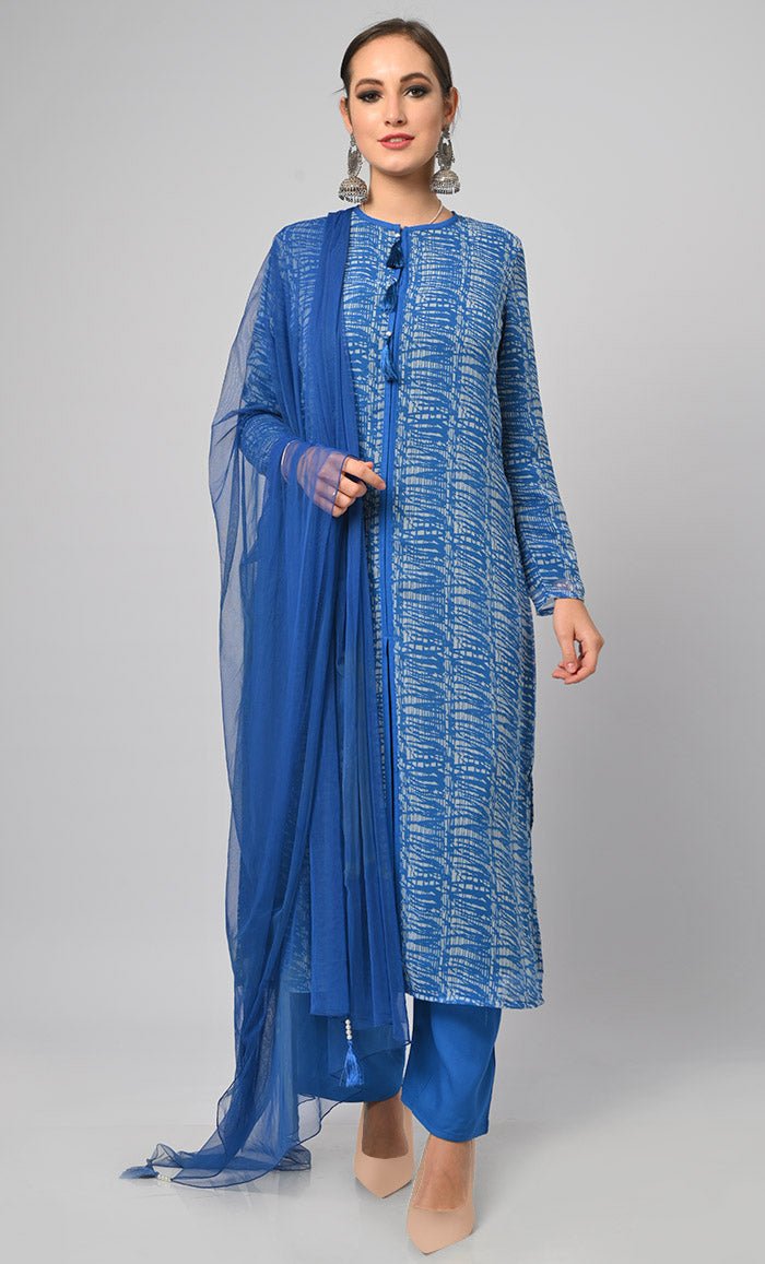 Tie & Dye Effect Printed Salwar Kameez Set With Net Dupatta - EastEssence.com