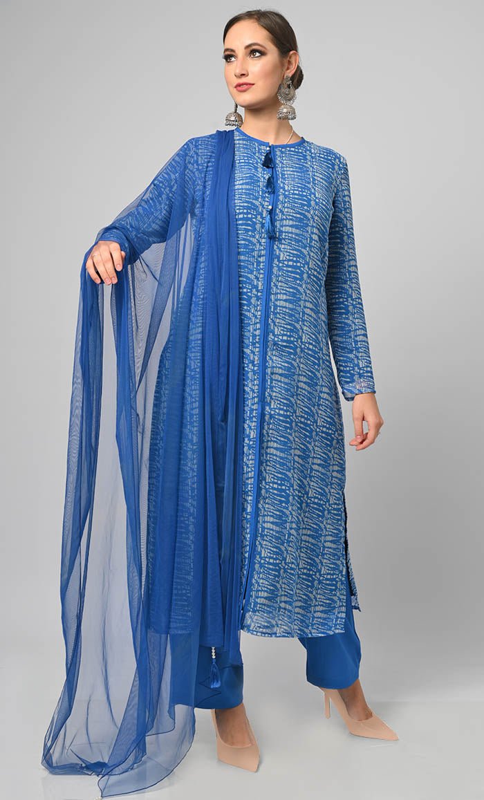 Tie & Dye Effect Printed Salwar Kameez Set With Net Dupatta - EastEssence.com
