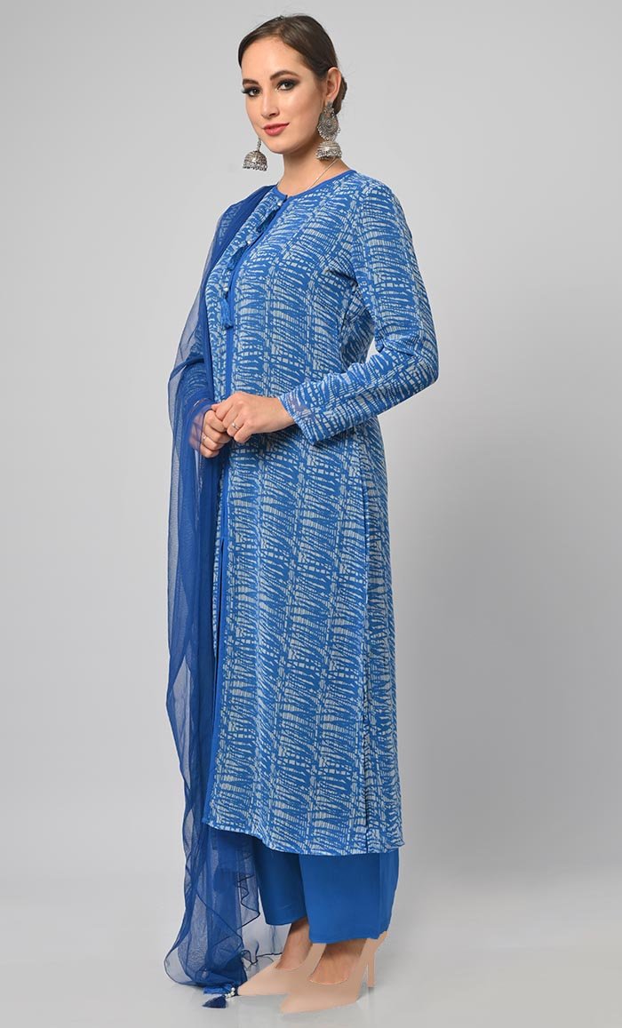Tie & Dye Effect Printed Salwar Kameez Set With Net Dupatta - EastEssence.com