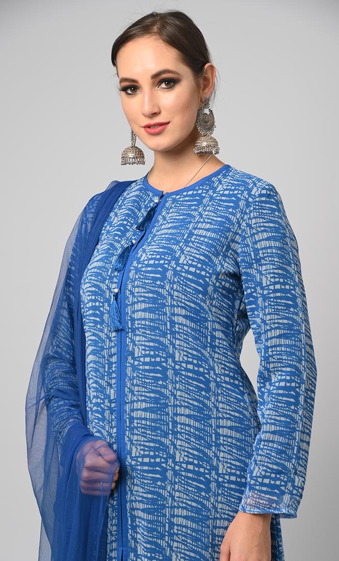 Tie & Dye Effect Printed Salwar Kameez Set With Net Dupatta - EastEssence.com
