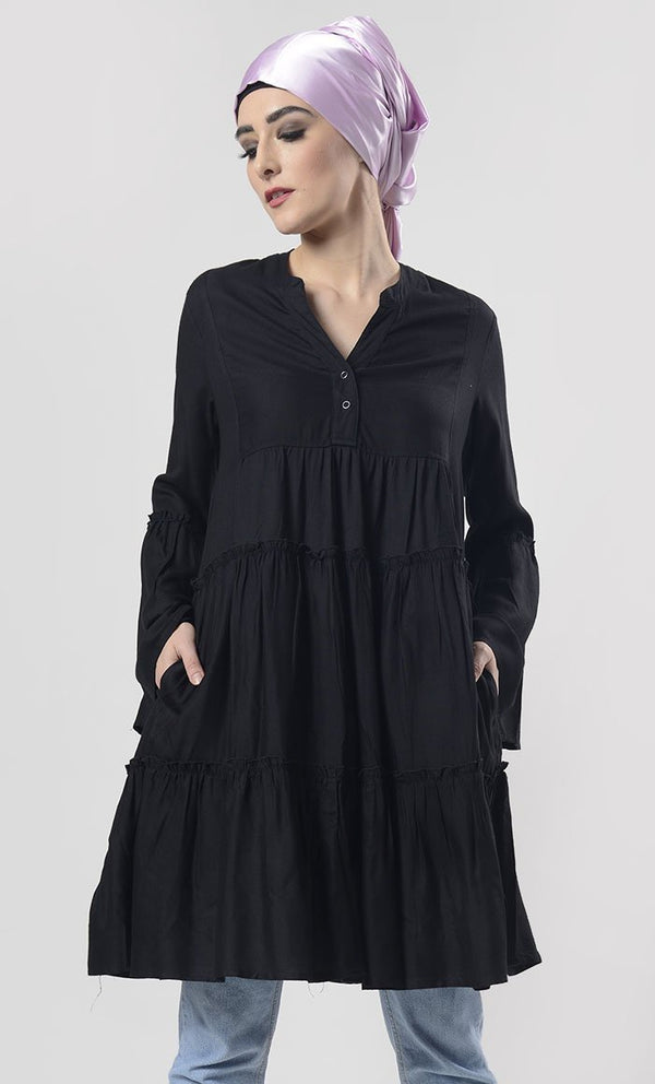 Tiered Black Everyday Wear Soft, Breathable Cool Tunic - EastEssence.com