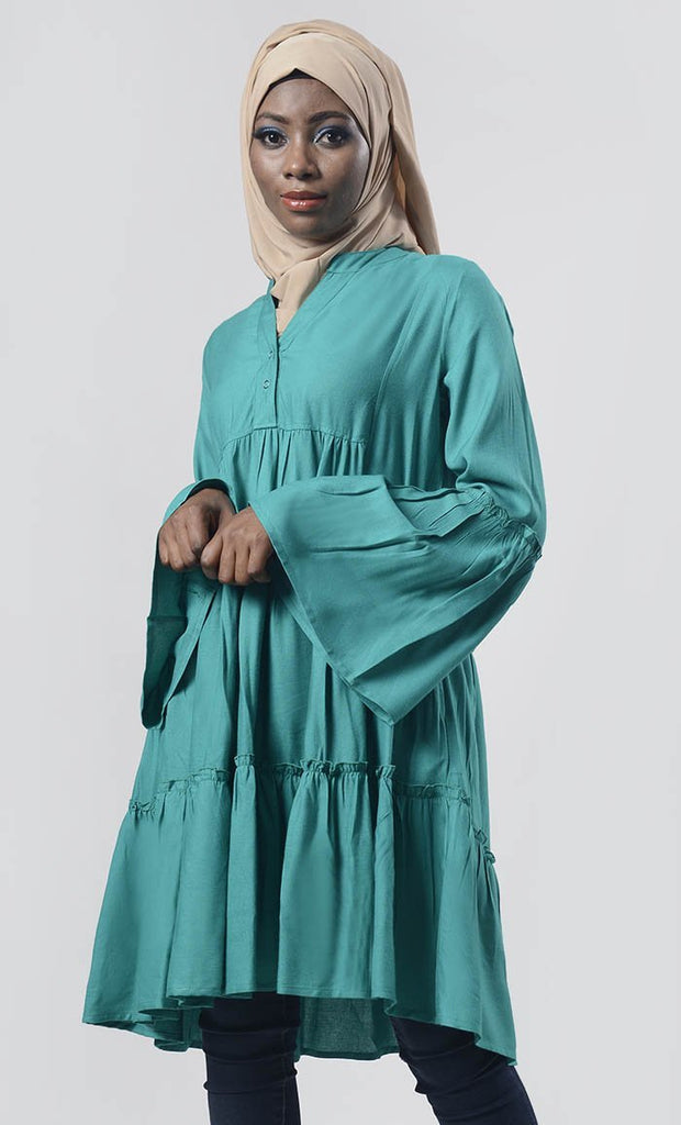 Tiered Pine Green Everyday Wear Soft, Breathable Cool Tunic - EastEssence.com