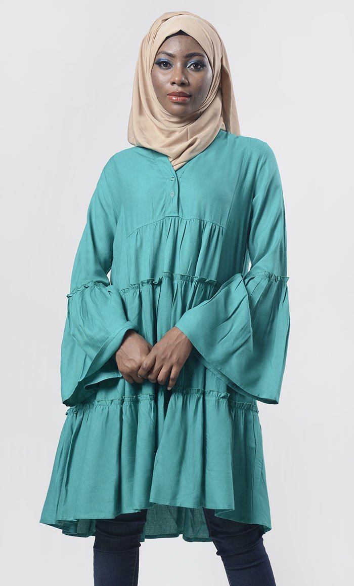 Tiered Pine Green Everyday Wear Soft, Breathable Cool Tunic - EastEssence.com