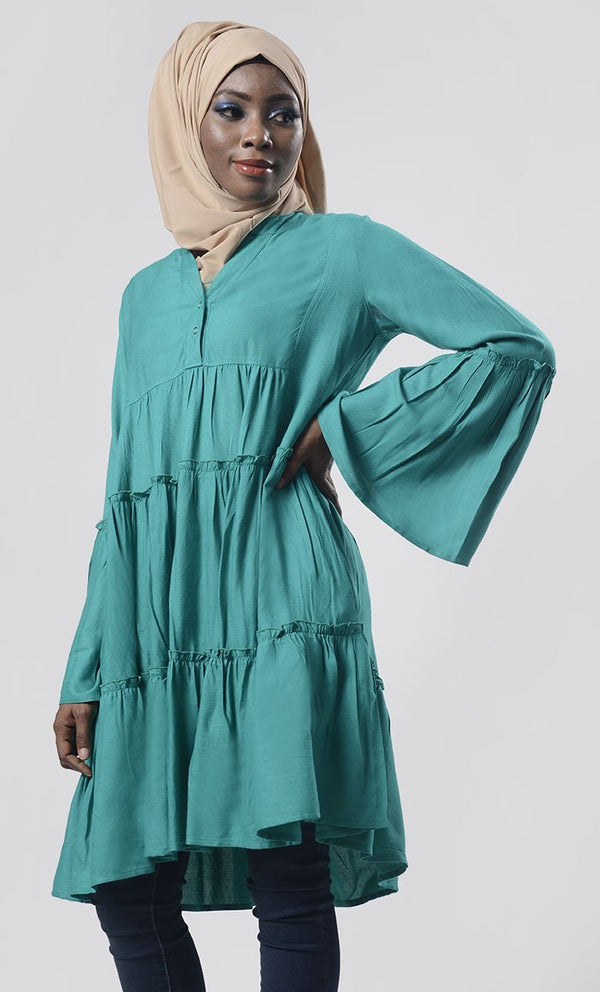 Tiered Pine Green Everyday Wear Soft, Breathable Cool Tunic - EastEssence.com