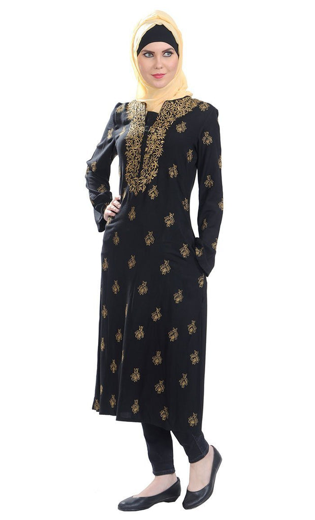 Traditional Embroidered Motifs Straight Cut Tunic - EastEssence.com