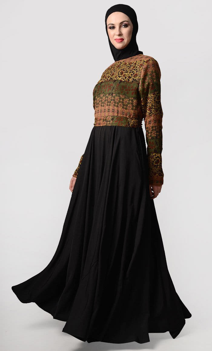 Abaya du quotidien style turc à motifs multiples – Noir