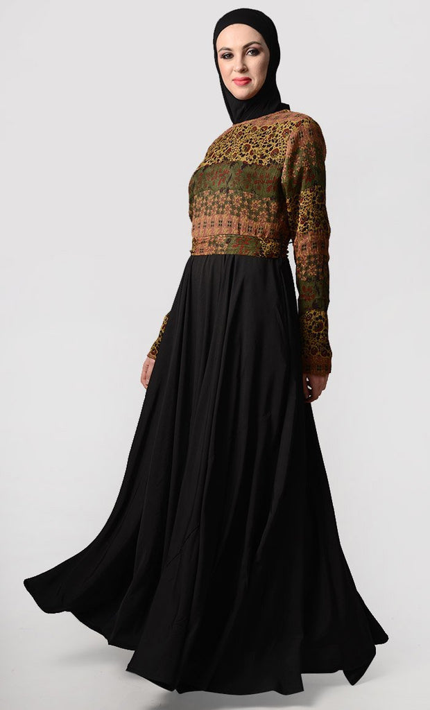 Turkish Style Multi Print Everyday Abaya-Black - EastEssence.com