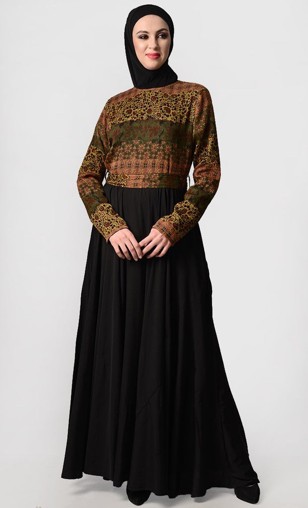 Turkish Style Multi Print Everyday Abaya-Black - EastEssence.com