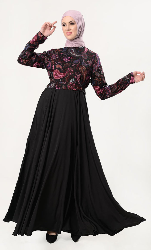 Turkish Style Paisley Everyday Abaya-Black - EastEssence.com