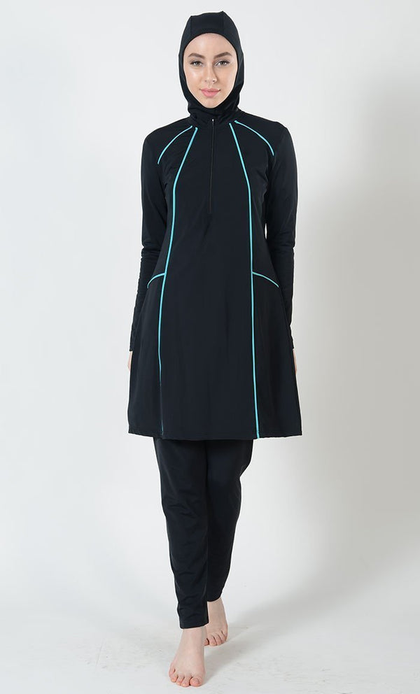 Turquoise Blue Trims Detail Swimwear Burkini Three Piece Set - EastEssence.com