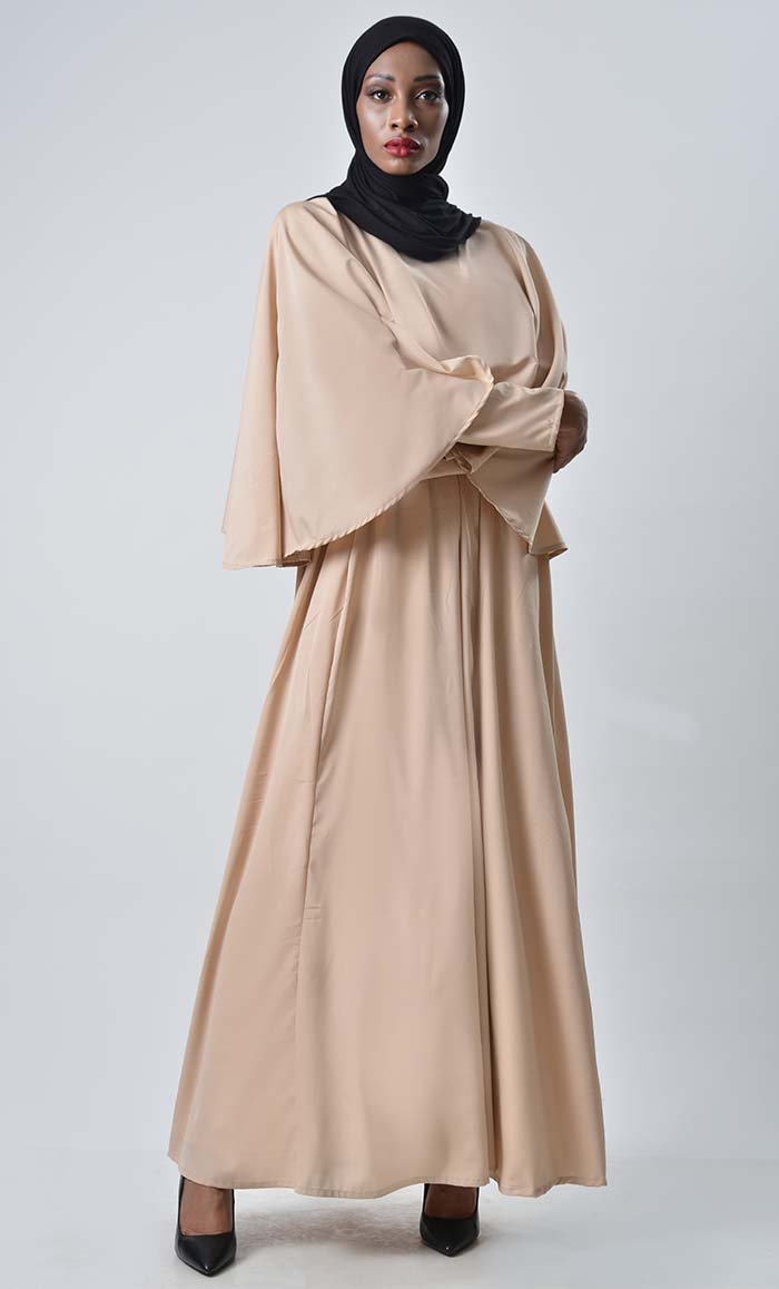 beige abaya dress Elegant Beige Sleeve Abaya Maxi Dress with Matching Scarf