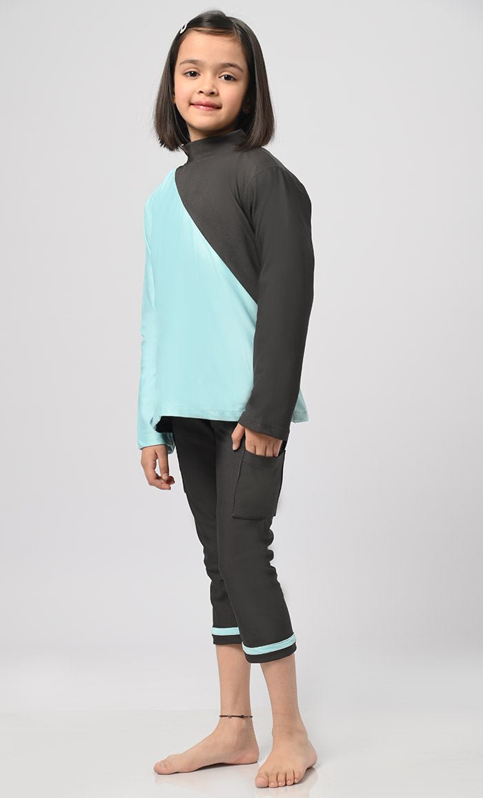 UV Rays Protected Contrasted Girl's Swimsuit - 2Pc Set - EastEssence.com