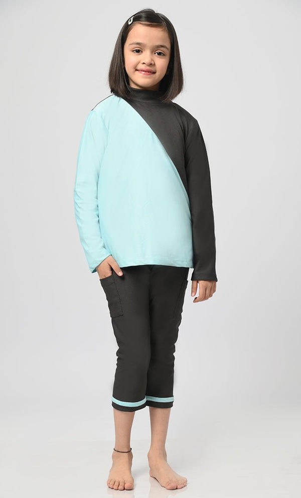 UV Rays Protected Contrasted Girl's Swimsuit - 2Pc Set - EastEssence.com