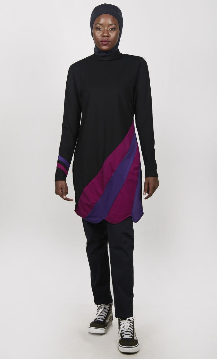 Burkini de natation 3 pièces multipanneaux noir résistant aux UV