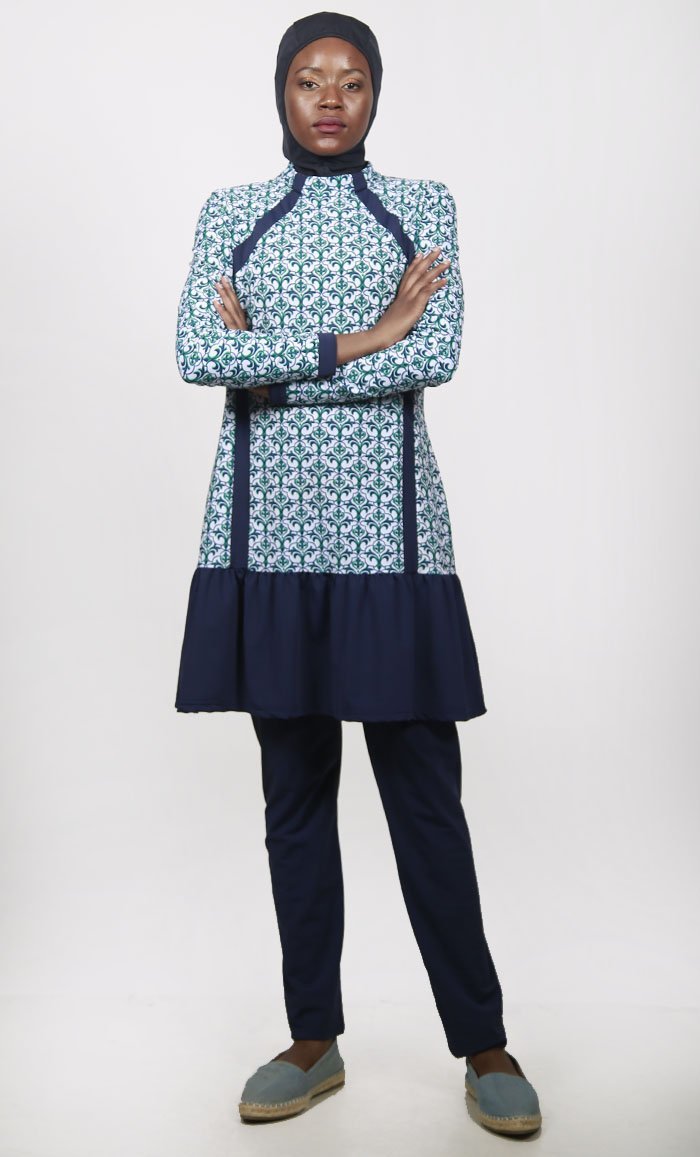 UV Resistant Blue Trefle Printed 3Pc Swimwear Burkini - EastEssence.com
