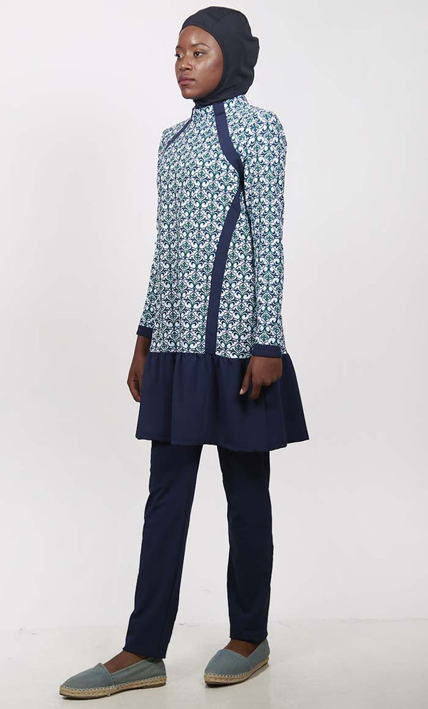 UV Resistant Blue Trefle Printed 3Pc Swimwear Burkini - EastEssence.com
