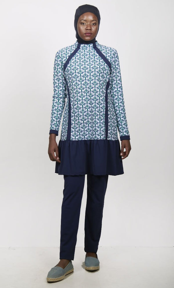 UV Resistant Blue Trefle Printed 3Pc Swimwear Burkini - EastEssence.com