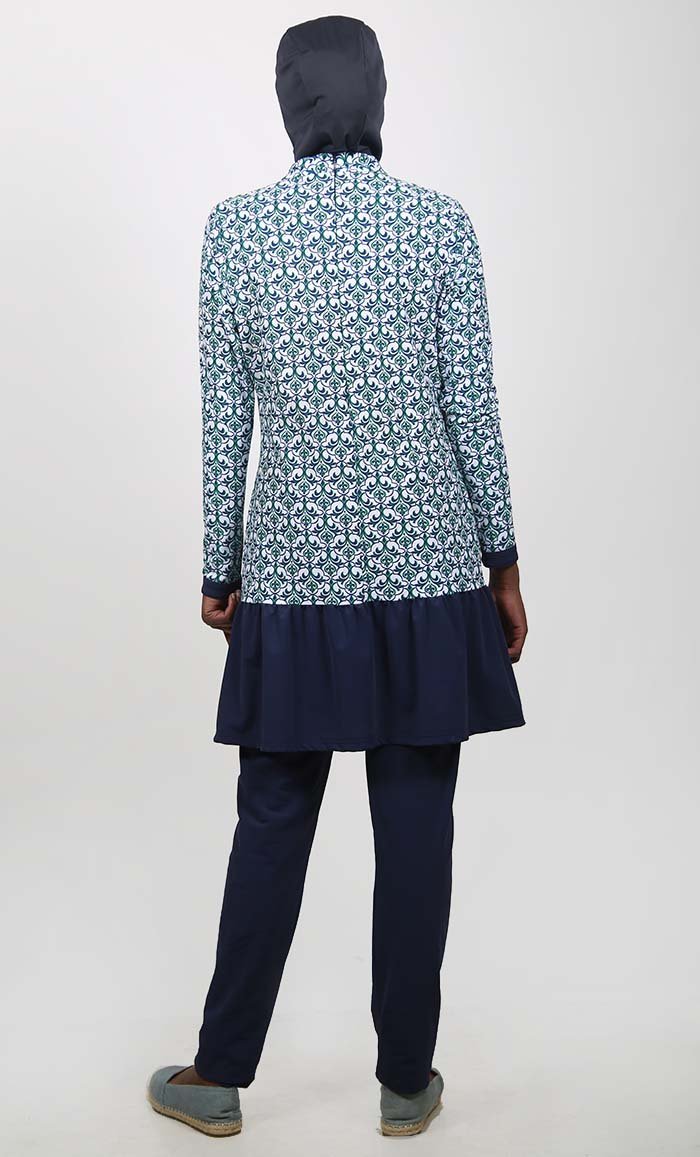 UV Resistant Blue Trefle Printed 3Pc Swimwear Burkini - EastEssence.com