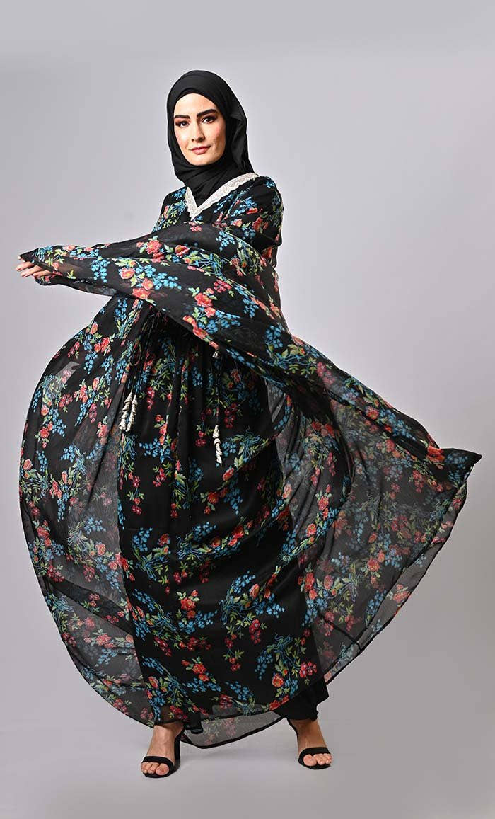 Versatile floral printed kaftan abaya