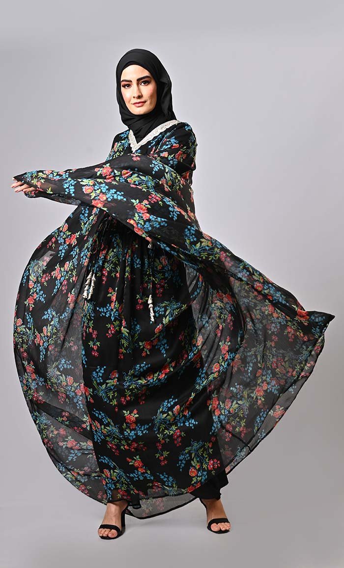 Versatile floral printed kaftan abaya