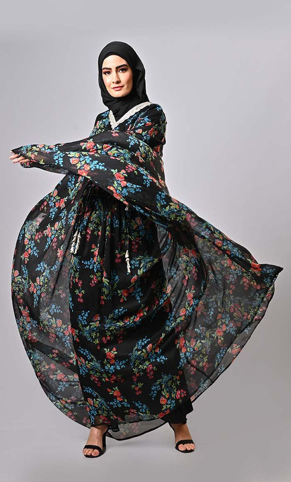 Versatile floral printed kaftan abaya