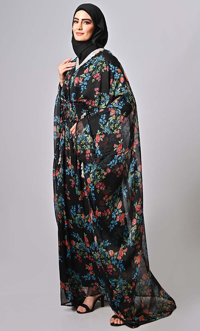 Versatile floral printed kaftan abaya