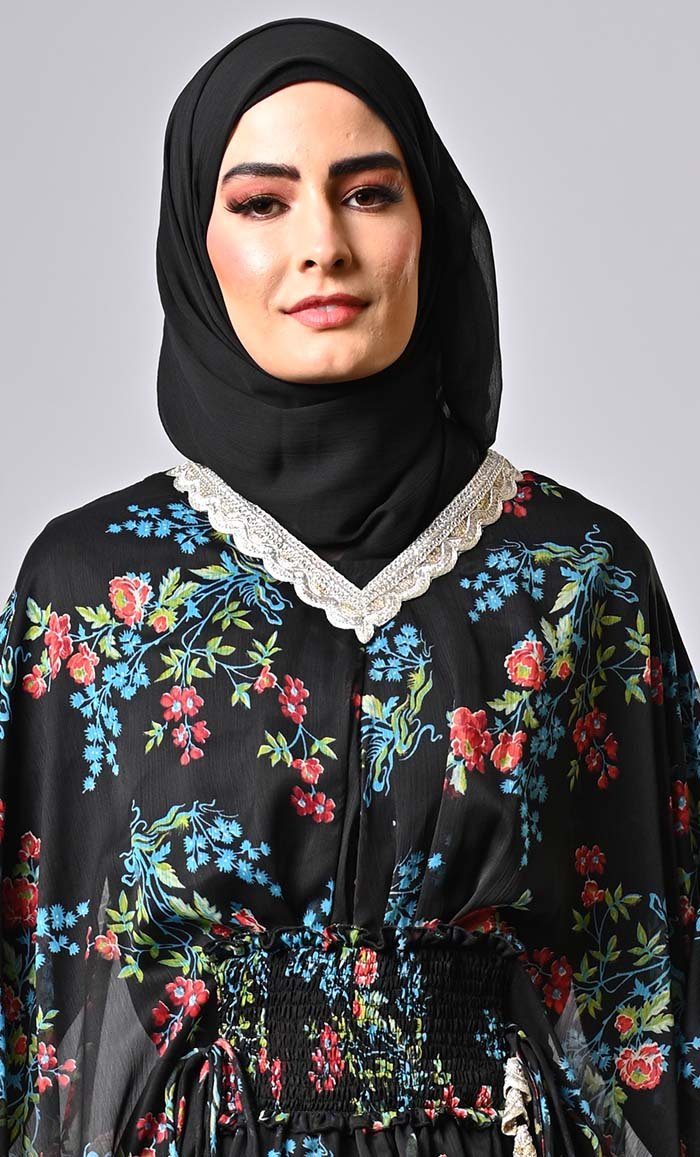 Versatile floral printed kaftan abaya