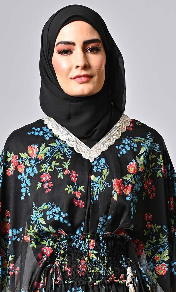 Versatile floral printed kaftan abaya