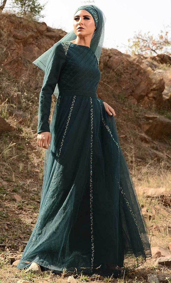 Walk with Class Embroidered Abaya Dress- Bottle Green - EastEssence.com