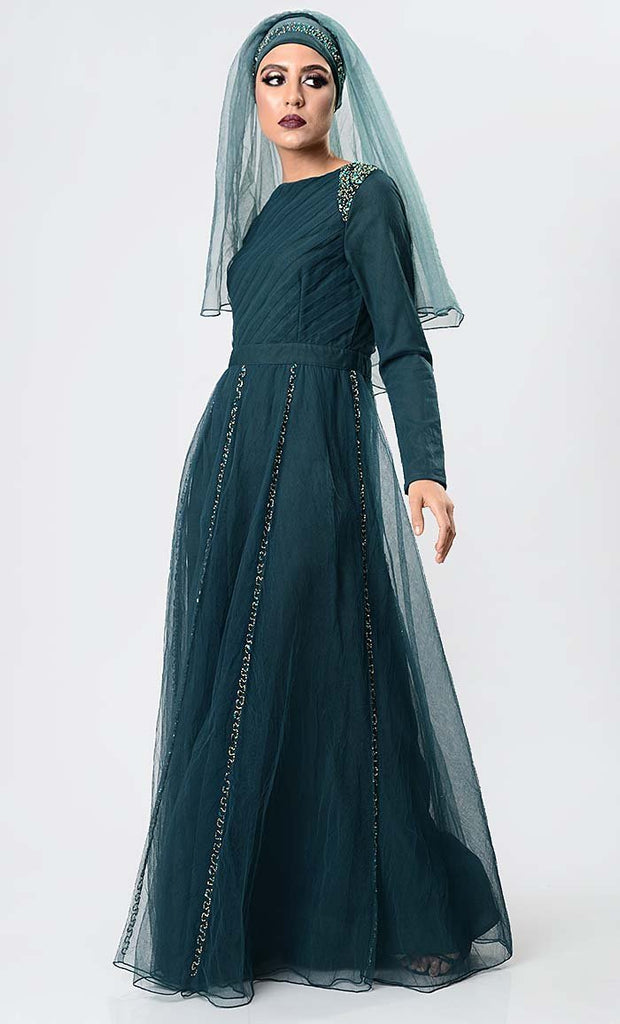 Walk with Class Embroidered Abaya Dress- Bottle Green - EastEssence.com