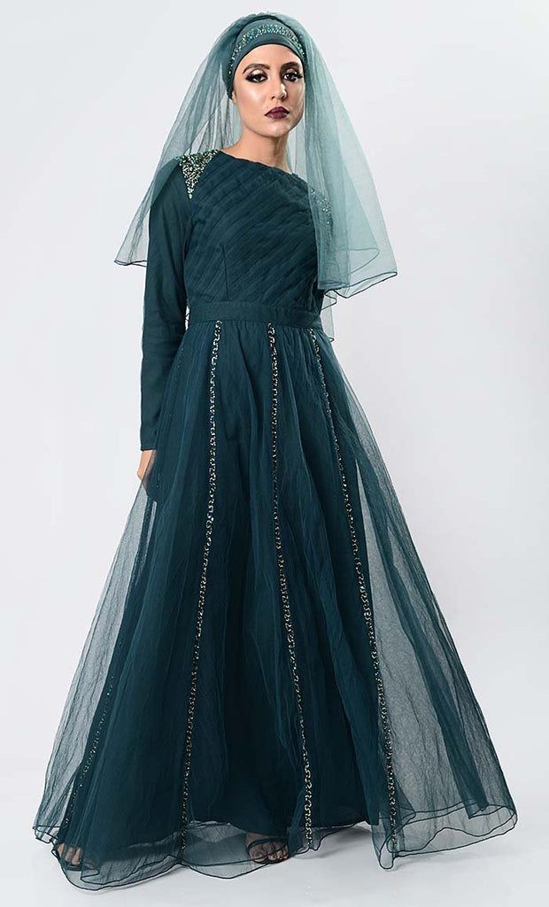 Walk with Class Embroidered Abaya Dress- Bottle Green - EastEssence.com